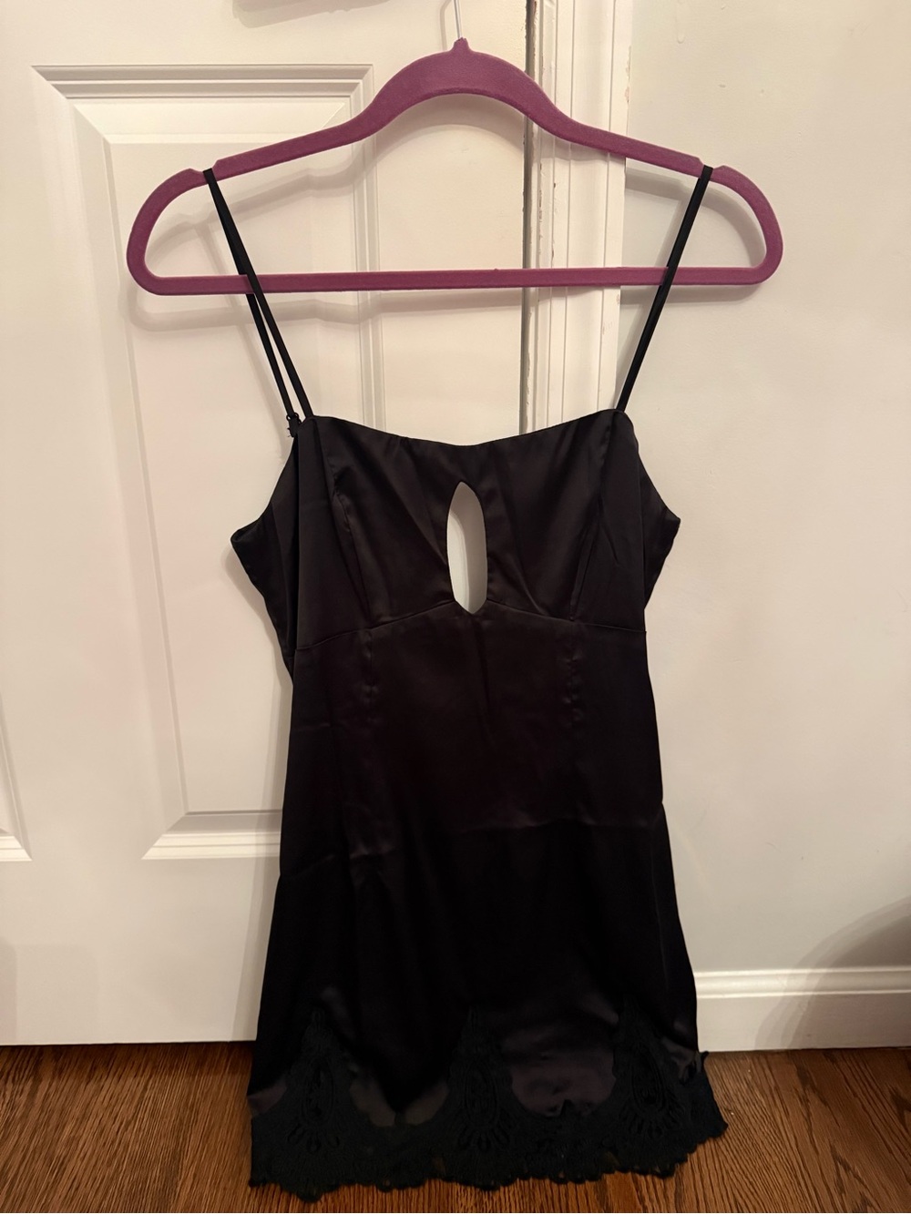 Black Satin Mini Dress with Keyhole and Lace Hem